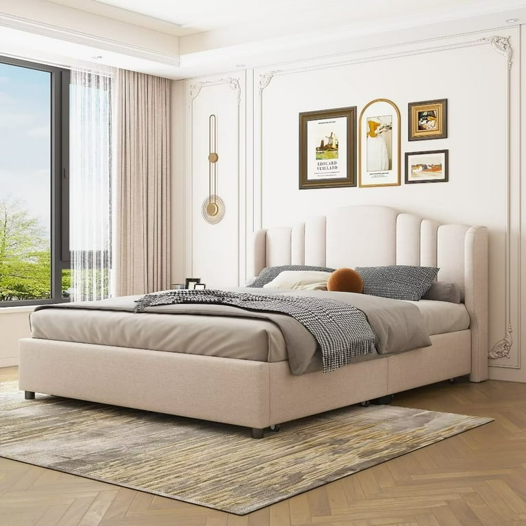 Wood and on sale fabric bed frame