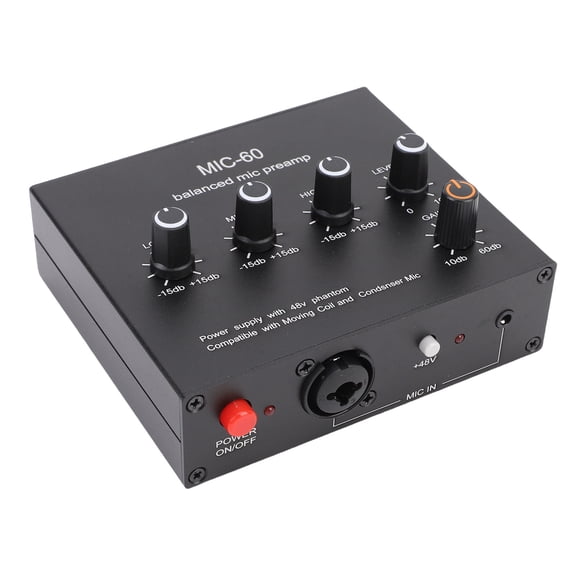 Riousery MIC-60 Microphone Preamplifier 60dB Gain Amplifier with 48V Phantom Power 3.5mm 6.5mm XLR Inputs for Condenser Dynamic Mics