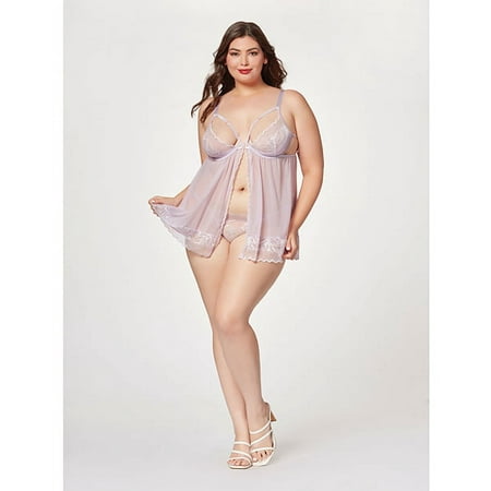 Sheer Mesh & Lace Demi Cup Babydoll & Thong Lavender 3X/4X