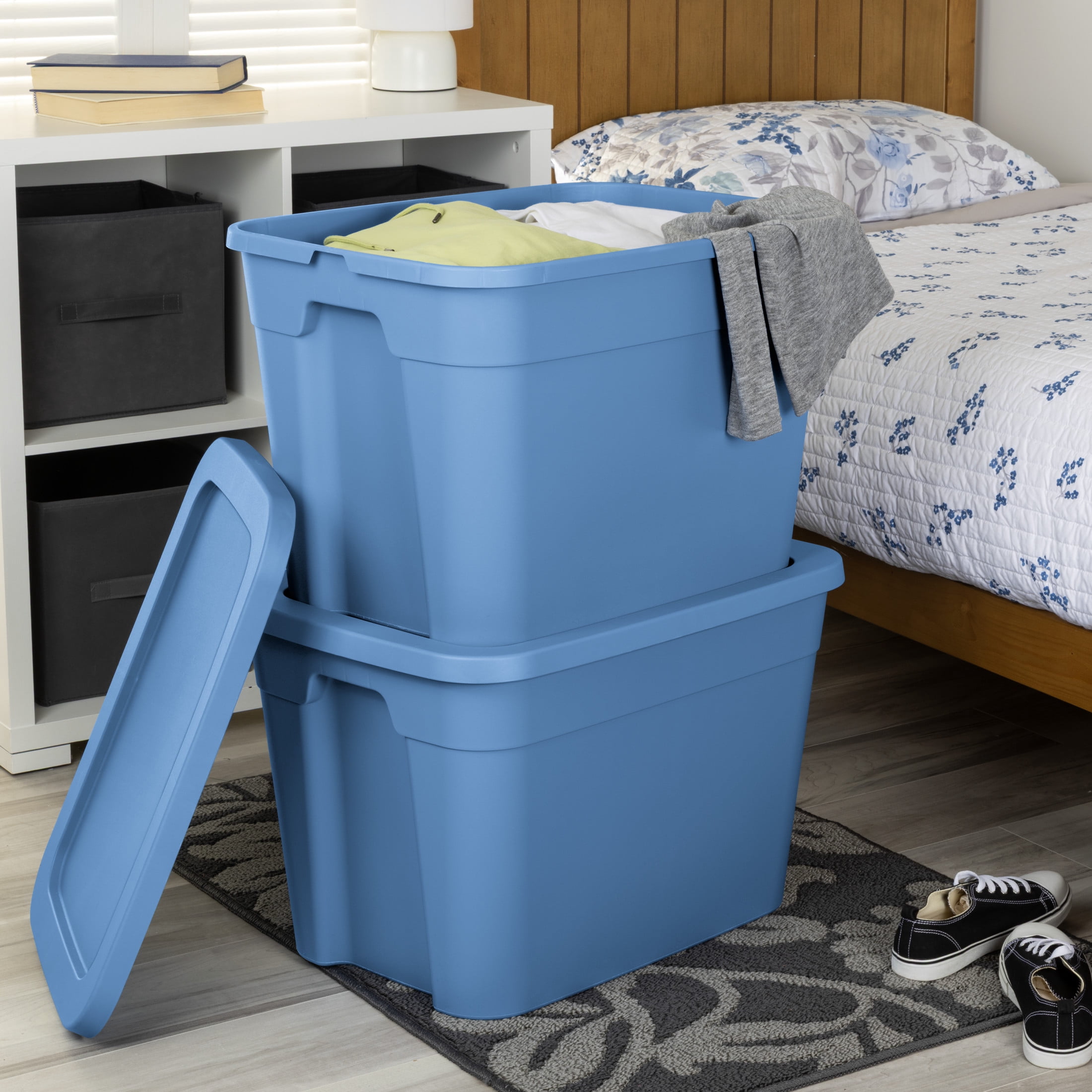 Sterilite 18 Gallon Tote, Plastic Storage Bin with Snap-on Lid, Stackable, Blue