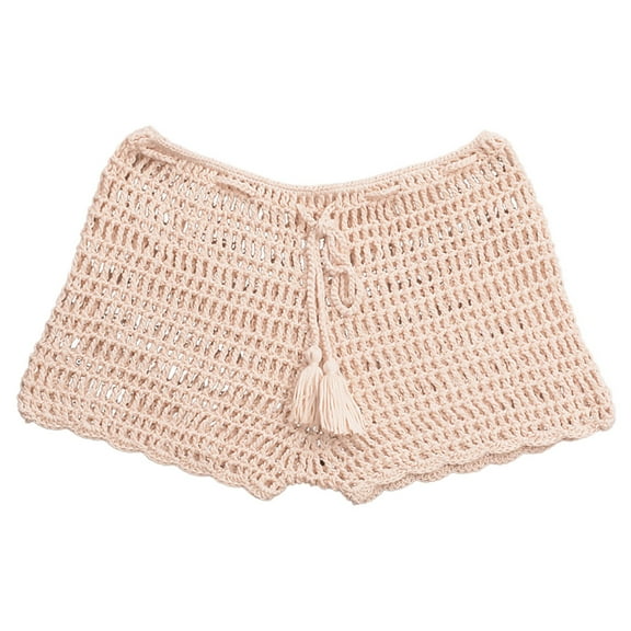 Rigardu Shorts for Women Casual Knitted Crochet Comfort Elastic Waist Solid Color Hollow Out Summer Lounge Shorts Pants Women's Solid Color Casual Strap Hollow Woven Beach Swimming Shorts Beige L