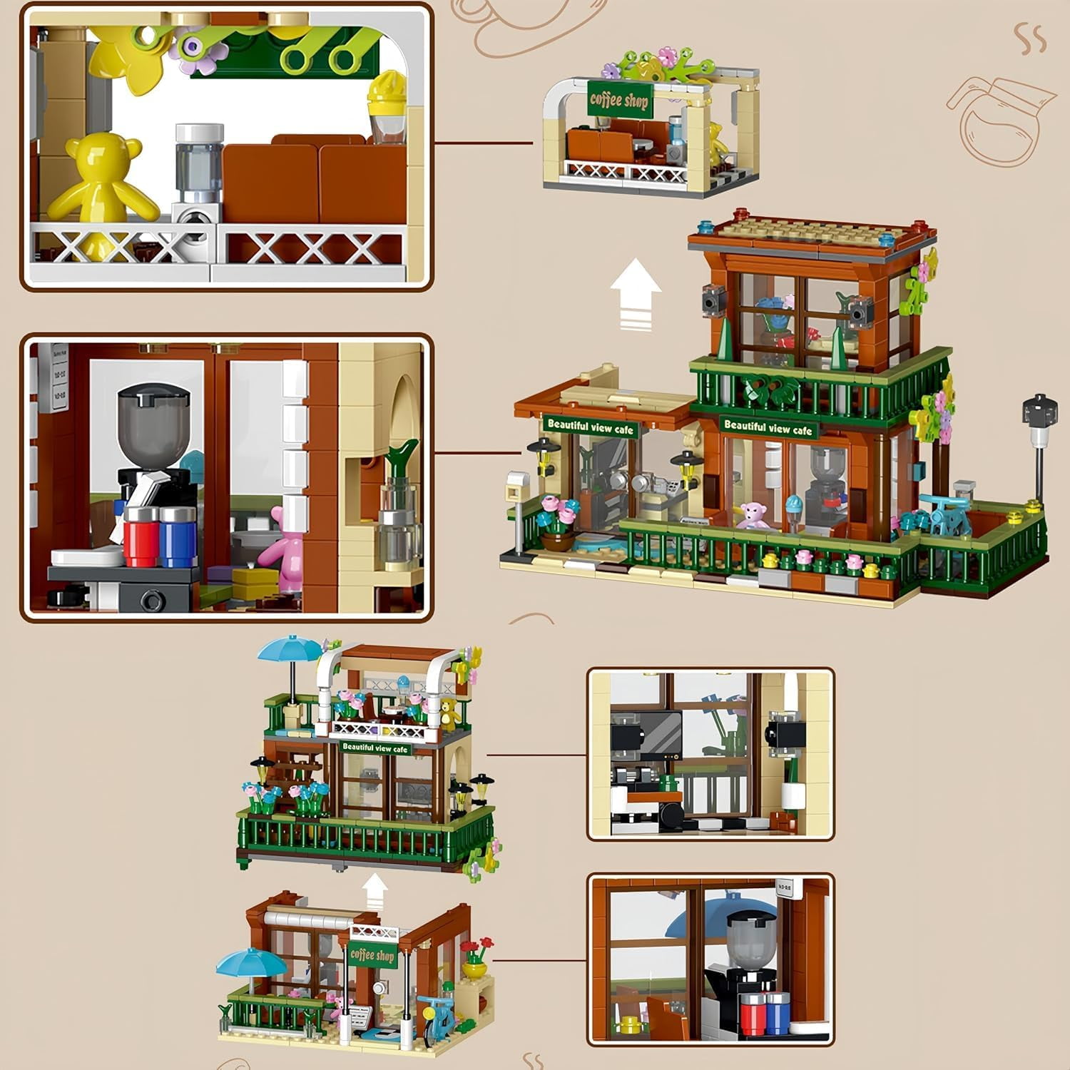Remocguys 3 In 1 Coffee Shop Building Set with LED Compatible with Lego House Street View 875 Pcs