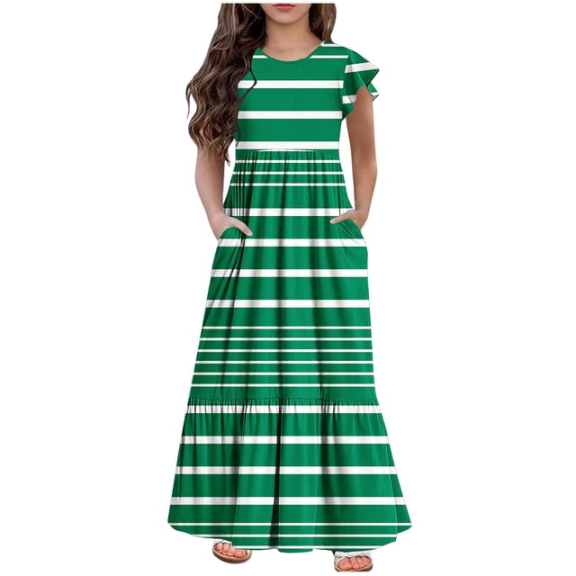Huvoen Robes de Concours pour Filles Mode Été Nouvelles Manches Courtes Imprimé Col Rond Robe Verte 140