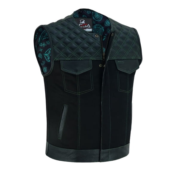 Lesa Collection Mens Black Denim & Leather Motorcycle Club Vest Green Thread Zipper Front, Diamo - 4XL