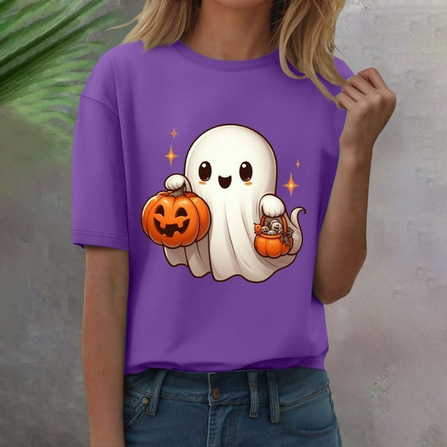 T-Shirt à Manches Courtes pour Femmes Seductiva Femmes Liquidation T-Shirt d'Halloween Femmes Manches Courtes Graphique Col Rond Hauts Citrouille Imprimé Décontracté Automne Automne Chandails 2025
