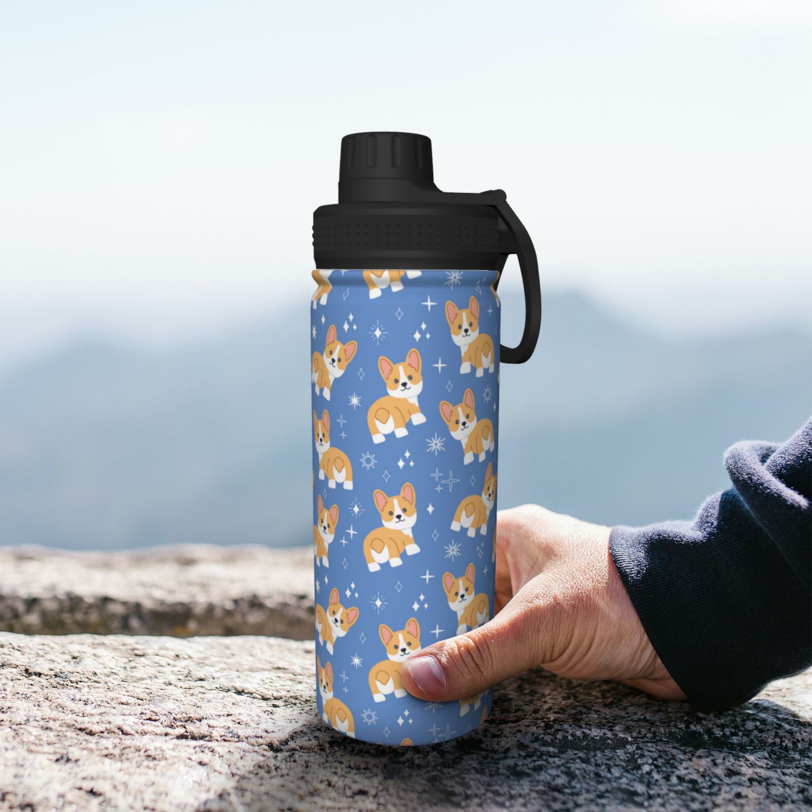Junzan Cute Corgi Head Pattern Stainless Steel Sports Water Cup Flask 18oz Bottle With Straw Flask Wide Mouth Travel Thermal Mug