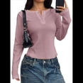 thumbnail image 2 of Camisas de Larga para Mujer, Otoño, Cuello Redondo, Botones, Corte Entallado, Punto Acanalado, Color Liso, Informales, 2025 Rosa XL, 2 of 7