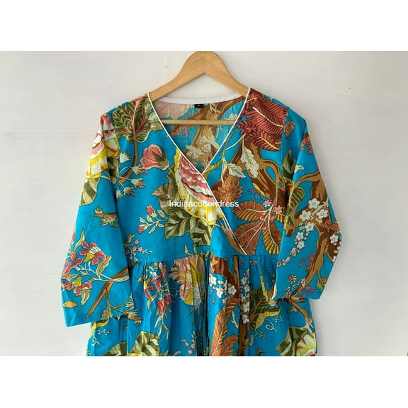 Handblock Print Cotton Kimono Gown Robe for Womens