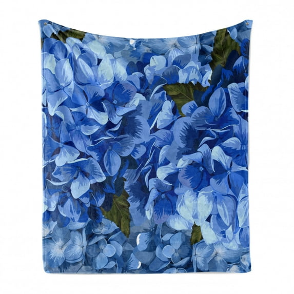 Vintage Blue Soft Flannel Fleece Throw Blanket, Bundles of Blue Hydrangea Hortensis Flower Realistic Design, Cozy Plush for Indoor and Outdoor Use, 60" x 80", Dark Olive Green Blue, by Ambesonne