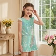thumbnail image 4 of ZIATUBLES Girls Summer Casual Romper Button Round Neck Playsuit Outfit for Girl Kids 11-12 Y, Ruffle Sleeve Elastic Waist Design One-Piece Short Jumpsuit, Green Abstract Bubble Print, 4 of 6