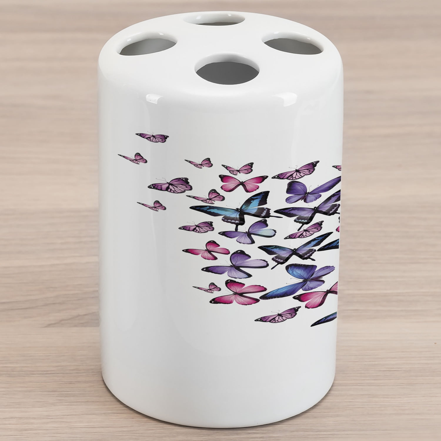 Navy and Blush Ceramic Toothbrush Holder, Various Butterflies Flying