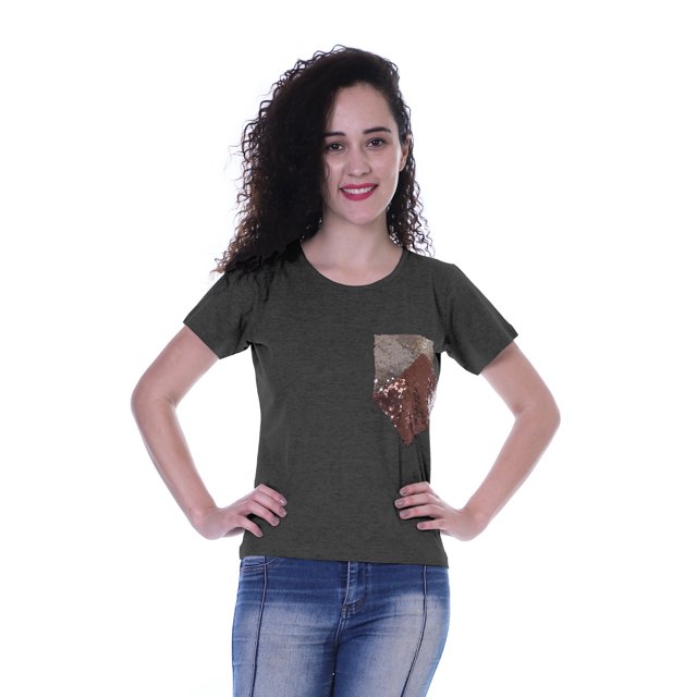 Moomaya T-shirt à Col Rond pour Femmes à Manches Courtes avec Poche Appliquée à Paillettes - 9U