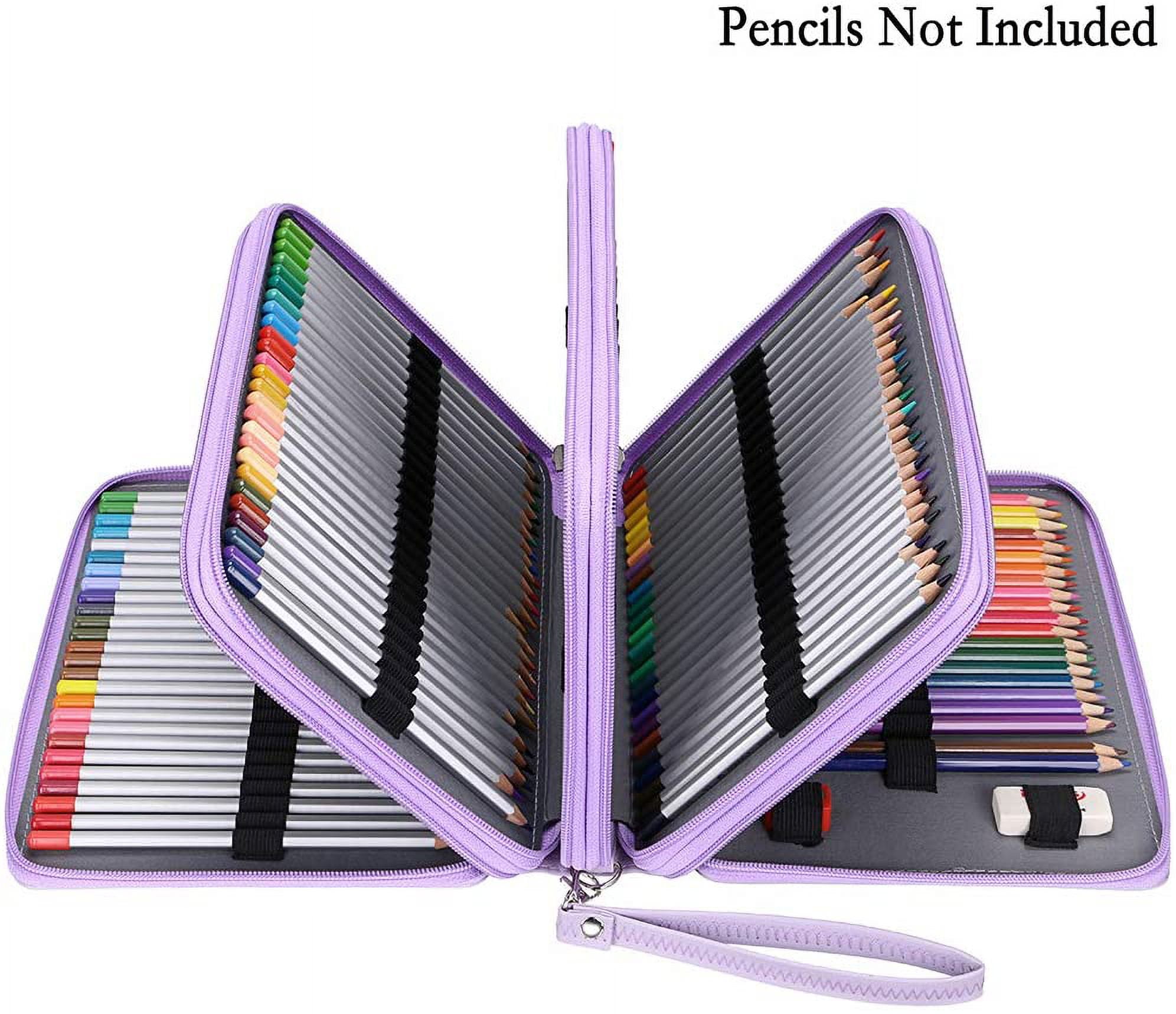 200 Slots Colored Pencil Organizer Case Holder With Removable Handle PU Leather Large Capacity For Colored Pencils And Watercolor Pencils Purple