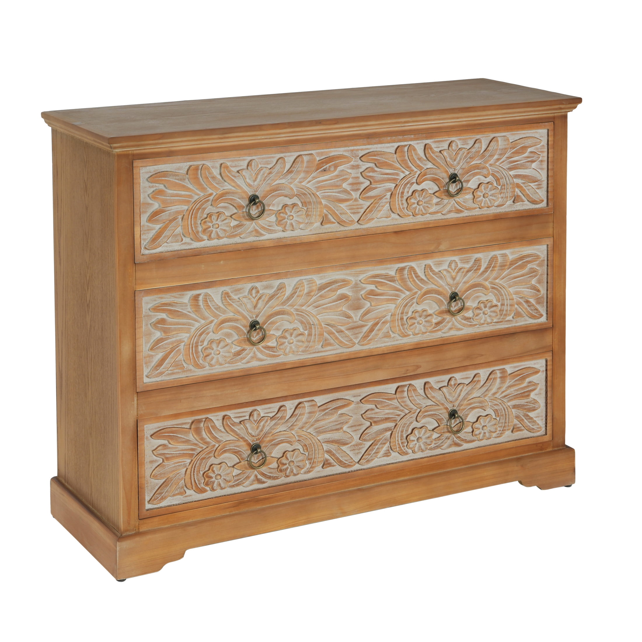 Christopher Knight Home Boho 3-Drawer Dresser with Carved Floral Front, Vintage Style, Natural & White