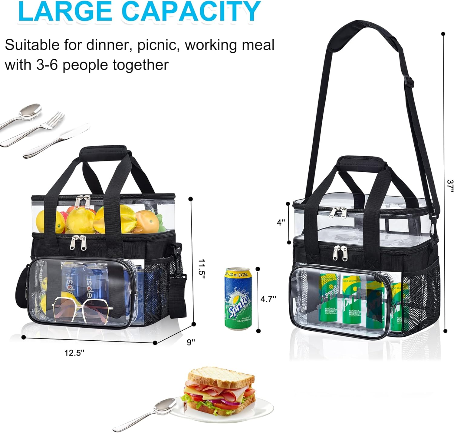Clear Lunch Bag - Large Double-Deck Reusable Lunch Bag for Work | Heavy Duty PVC Material | 12.5 x 11 x 9 Capacity