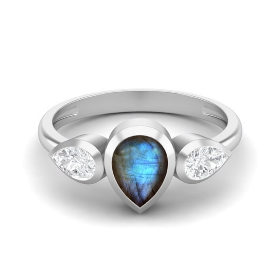 1.25 Cts Bezel set Pear Labradorite 925 Sterling Silver Three Stone Women Valentines Day Gifts Ring