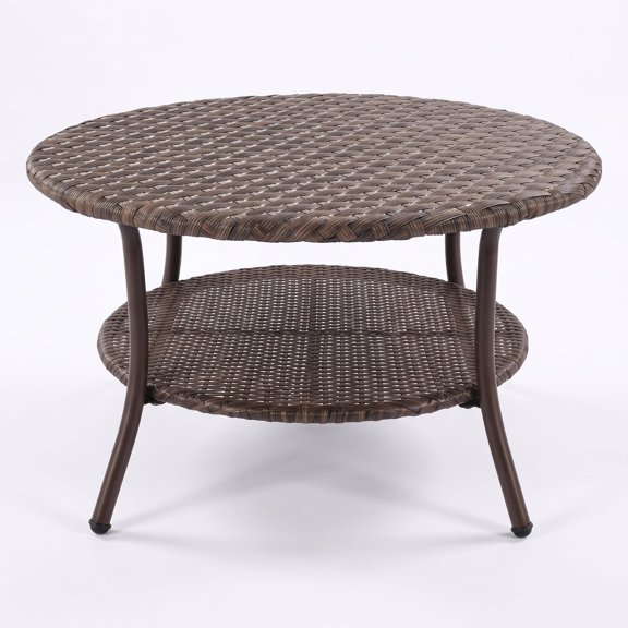 Krikacy Outdoor Wicker Round Coffee Table, All-Weather 2-Tier Patio Side Table w/Storage, Brown