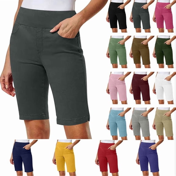 Women Shorts Solid Stretch Pull On Regular Summer Casual High Waist Yoga Half Shorts Pants