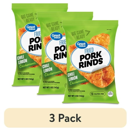 (3 pack) Great Value Chili Limon Flavored Chicharrones Fried Pork Rinds, 5 oz Bag