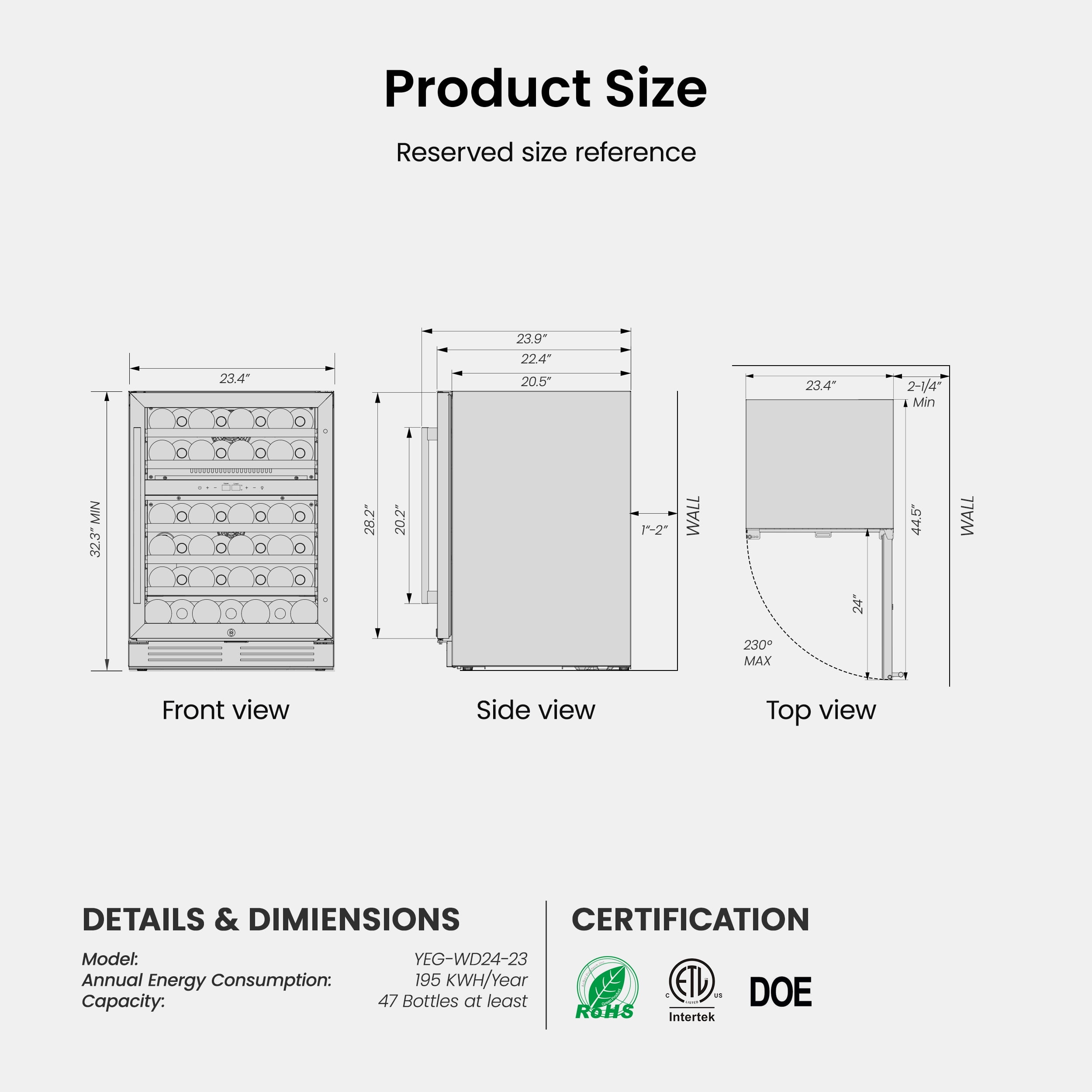 Yeego 24'' Wine Refrigerator, 46 Bottle Under Counter Dual Zone Wine Cooler in Stainless Steel,Freestanding & Built-In Wine Fridge,Silver