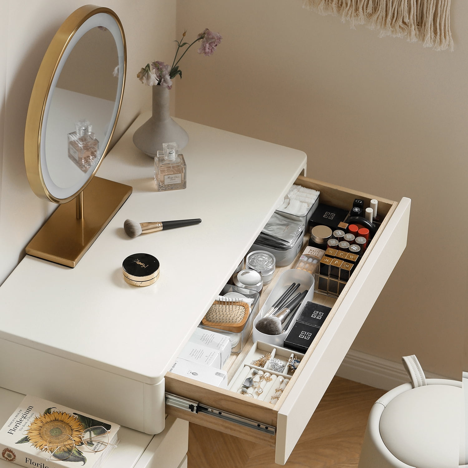 MAYEERTY Solid Liriodendron Wood Dresser Table with Stool – Elegant White Vanity with Storage Drawers