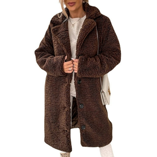 LUXUR Ladies Button Down Plush Overcoats Single Breasted Travel Sherpa Jacket Coffee 4XL