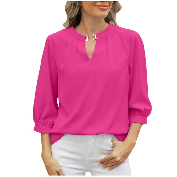 Ruimatai Women's Casual V-Neck Chiffon Shirt 3/4 Sleeve Loose Blouse Keyhole Top Comfortable Fashion T-Shirt for Daily Wear Home Office