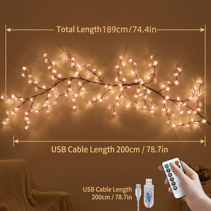 LED Tree Branch Lights for Wall, Cherry Blossom Lights Vine Lights with Remote and 8 Lighting Modes Cherry Blossom Garland Willow Vine for Bedroom Indoor Wall Christmas Decor