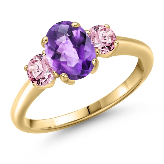 Gem Stone King 10K Yellow Gold Purple Amethyst and Pink Lab Grown Diamond Engagement Ring for Women | 1.70 Cttw | Oval Checkerboard 8X6MM | Gemstone February Birthstone | Size 6