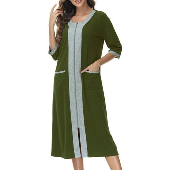 Oksale Cotton Pajama Dress for Women with Pockets Full Length Mid Length Nightgowns Trendy Split Front 3/4 Sleeve Jacket Loungewear Army Green S