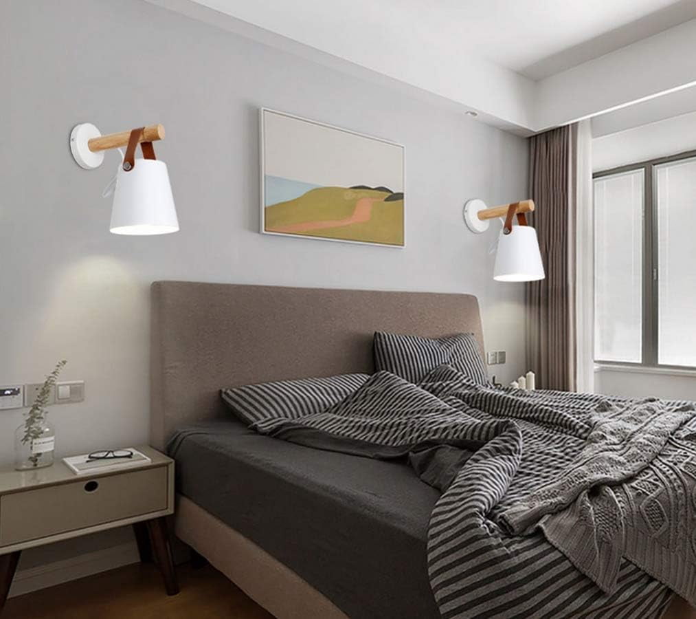 Wall Sconce Lamp Wall Sconces Light Fixture Nordic Wood Wall Sconce Lighting Black E27 Iron Art Leather Belt Wall Sconce Creative Wall Light for Home Bedroom Bedside Aisle Restaurant,White