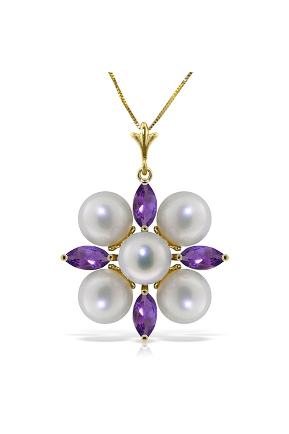 14k Solid Gold 18" Cluster Pearl Necklace with Amethysts