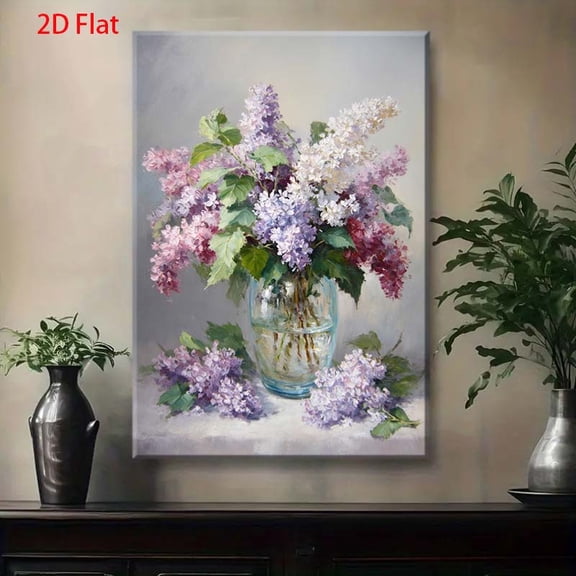 2D Flat Lilac Flower Oil Painting on Wrapped Canvas - Vibrant Purple & Pink Spring Blooms Wall Art, Romantic Floral Framed Decor for Bedroom, Living Room, Office - Elegant Lilac Bouquet in Vase Home