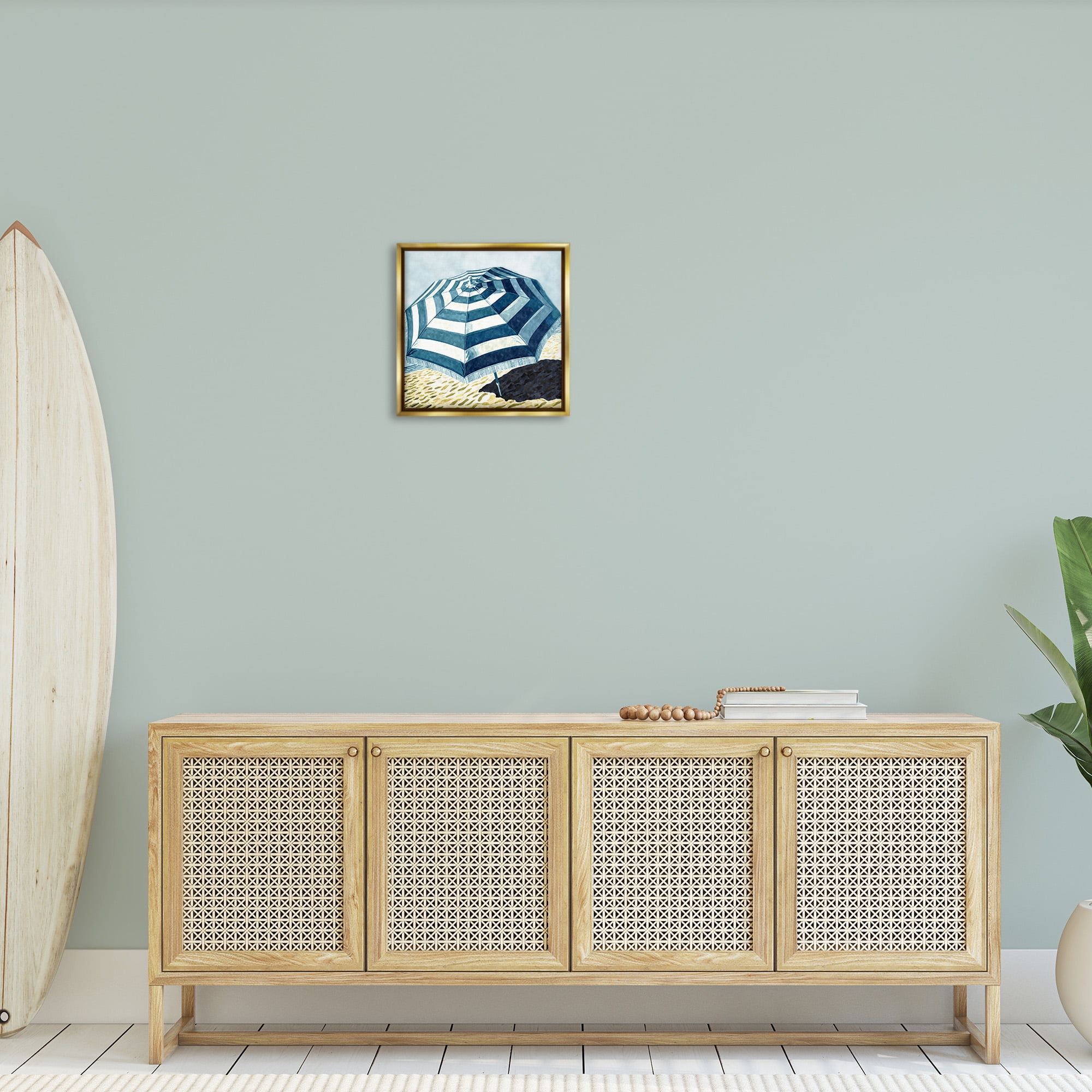 Stupell Industries Striped Beach Umbrella Landscape Painting Gold Floater Framed Canvas Art Print Wall Art, 18 x 18