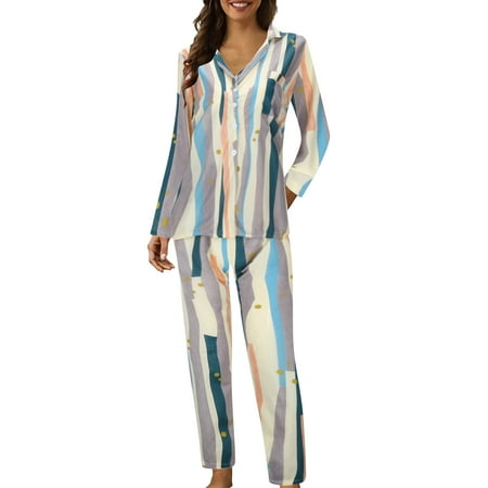 FUNDUFI Womens Pajamas Outfit Sets Long Sleeve Cute Sweet Printed Pajama Shirt Pants 2Pcs Sleepwear Sets Soft Loose Fit Pjs Sets Comfy Women S Nightwear