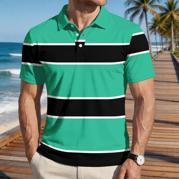 Homeyce Mens Short Sleeve Polo Shirts Button Collar Polo Shirts Fashionable Business Athletic Casual Shirt Striped Color Block Short Sleeve Pullover Shirts,Green 2XL