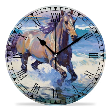 erolrail Rustic Wall Clock,Silent Non Ticking Wall Clocks for Living Room,Bedroom,Kitchen 12IN Blue Horse Running Drawing