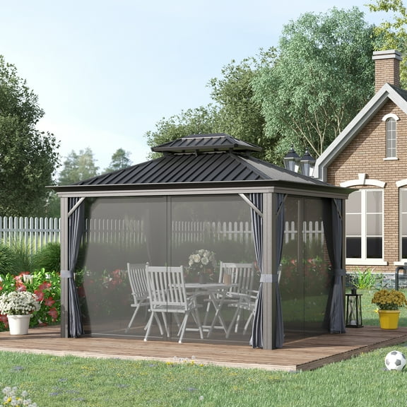 Outsunny 10’ x 12’ Hardtop Gazebo, Two-tier Roof with Netting Curtains