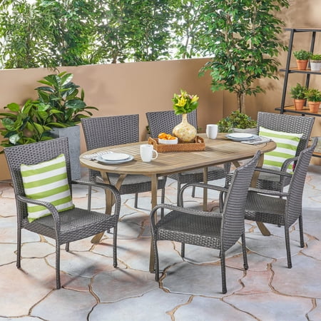 Coraline Outdoor 7 Piece Acacia Wood and Wicker Dining Set Gray Gray