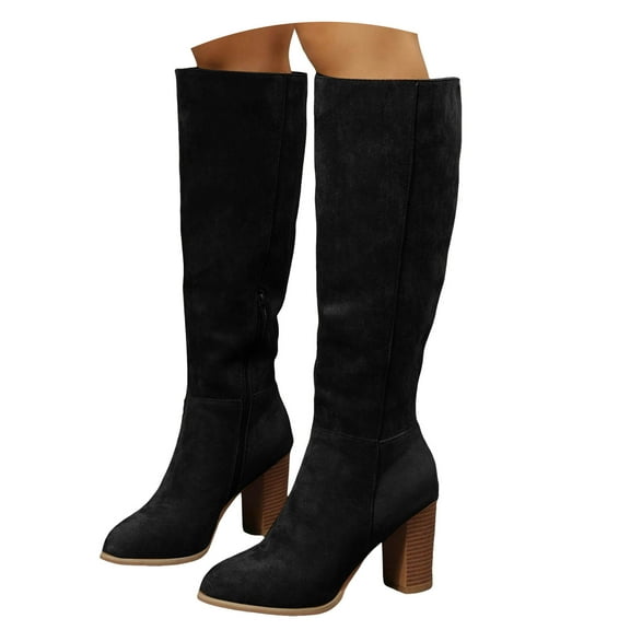 YLYL Women Suede Knee High Boots Chunky Block High Heel Pointed Toe Side Zipper Fashion Fall Boot