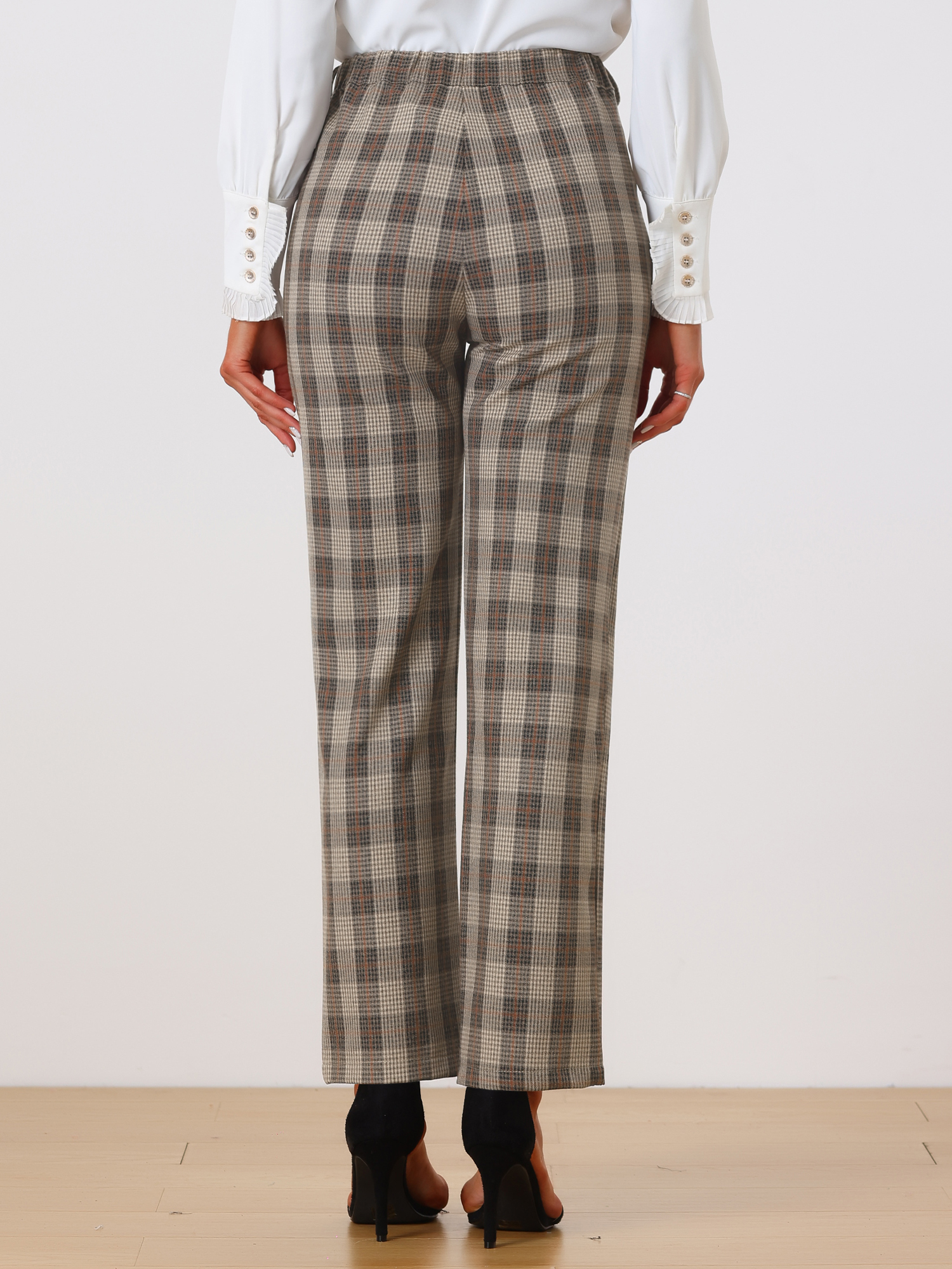 Unique Bargains Women's Christmas Plaid Trousers Pockets Straight