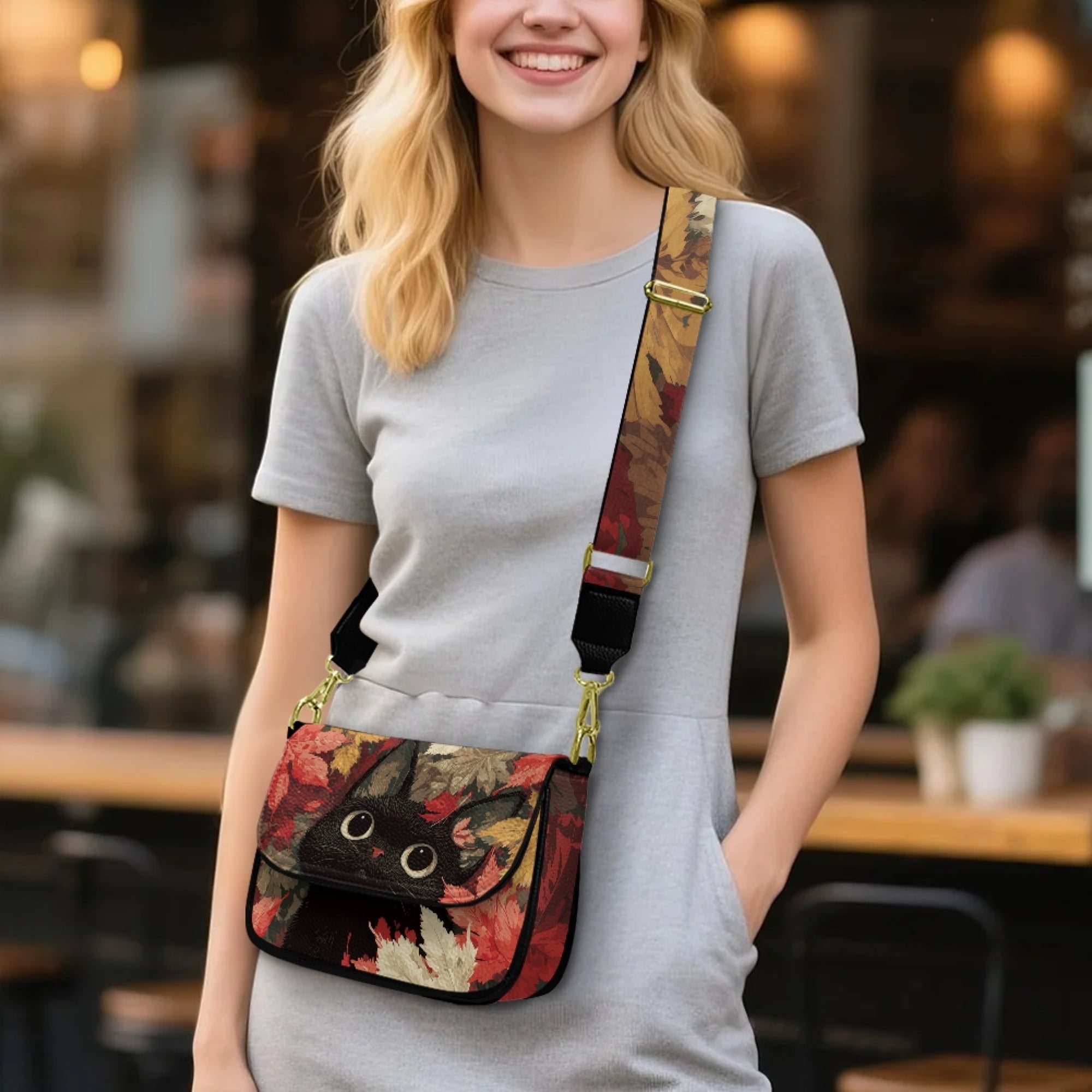 TSOVTHRID Black Cat Maple Leaf Print Small Crossbody Bag, Trendy PU Leather Crossbody Purse with Adjustable Strap, Women's Shoulder Handbag