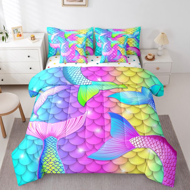 Erosebridal Ensemble de Literie Sirène Tout-en-un Grand Lit, Ensembles de Literie Queue de Poisson Dégradée Grand Lit, Décoration de Chambre de Princesse, Réversible, Super Douillet, 7 Pcs