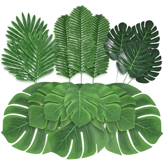 Dalrosia 60PCS Artificial Palm Leaves 6 Kinds Faux Tropical Monstera Leaves with Stems for Hawaiian Luau Party Jungle Beach Theme Party Table Leave Decorations