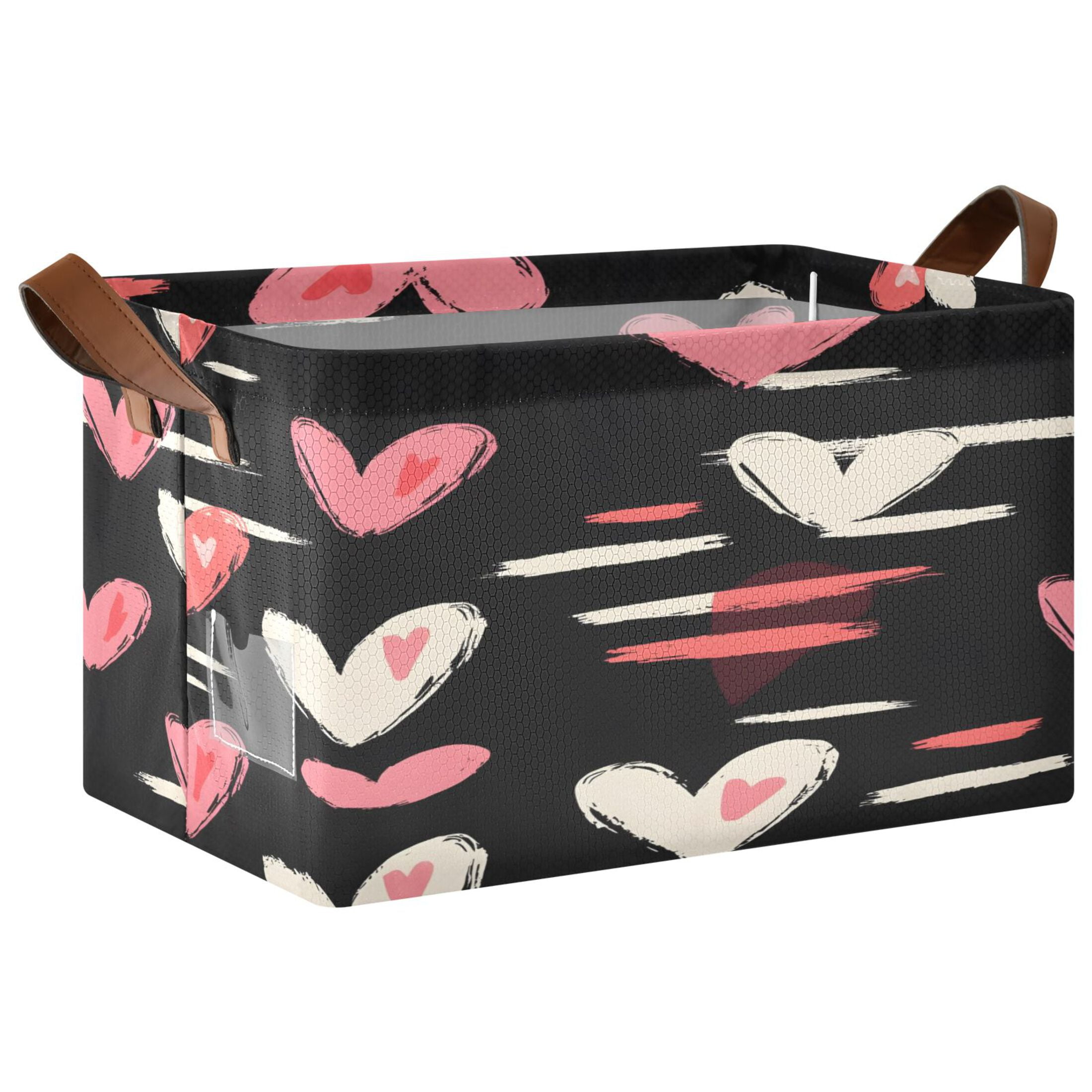 Ryvnso Heart on Black Storage Bins Large Basket Foldable Cube Toys Organizer with Handles 2 PCs