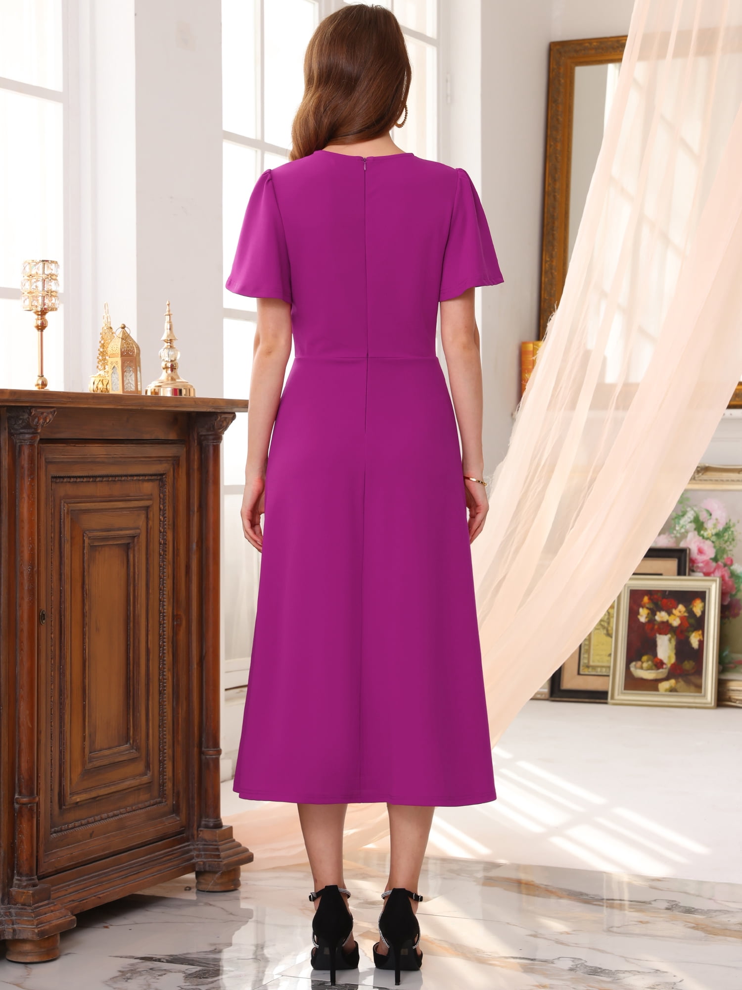 DARING DIVA Women's Ruffle Crew Neck Short Sleeve Formal Cocktail Dress S Purple