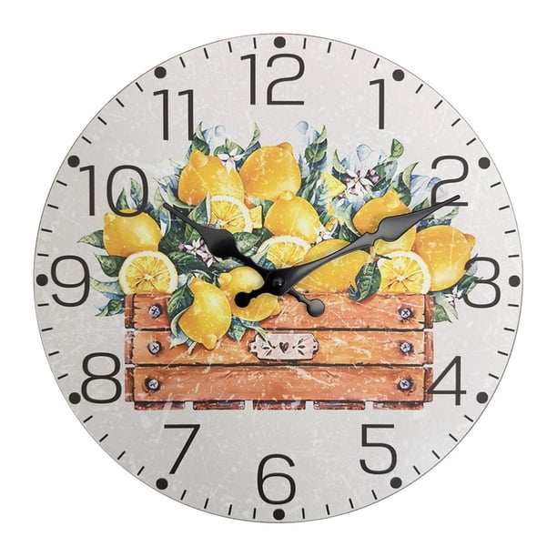 Reloj de pared de madera con diseño de limón amarillo, moderno y fresco, for decoración del hogar, reloj de cuarzo silencioso, regalo navideño (sin pilas).