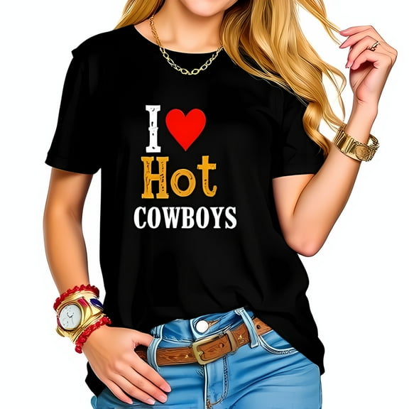 I Love Hot Cowboys Graphic Cotton Short Sleeve T-Shirt for Women - Playful Design Perfect for Casual Outings & Rodeos