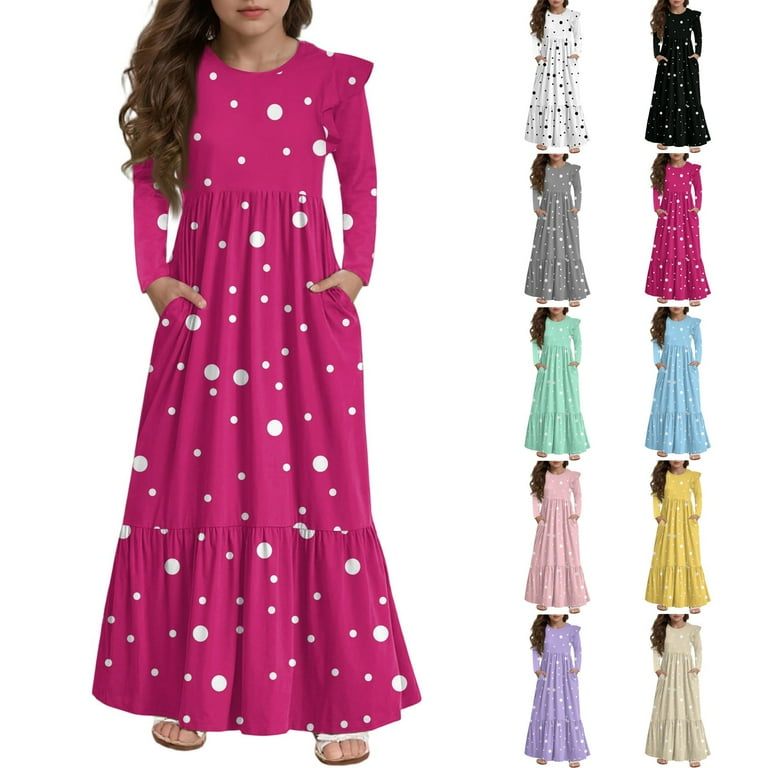 Abcomgle Girls Maxi Dresses 10-12 Casual A-Line Ruffle Long Sleeve Maxi  Dress Polka Dot Crew Neck Sundresses Tiered Formal Dresses with  Pockets,Black