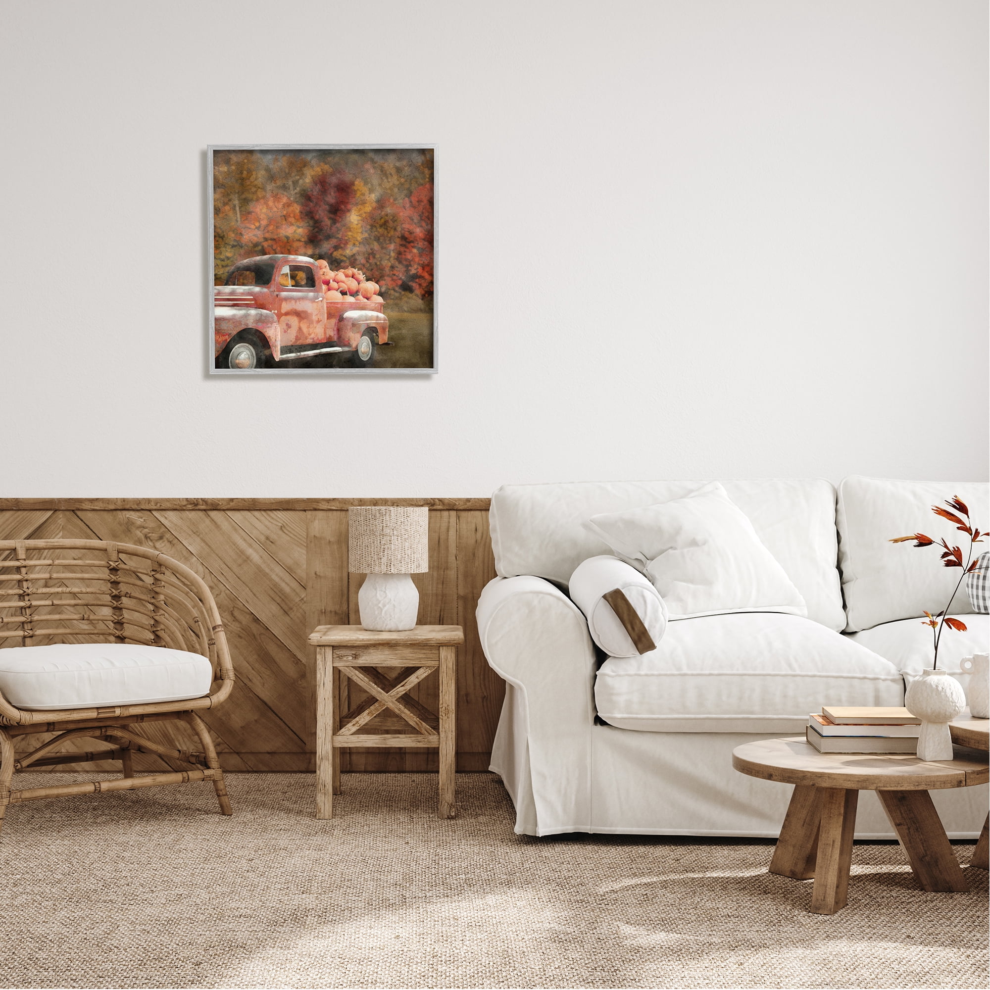 Stupell Industries Fall Truck with Pumpkins Holiday Painting Gray Framed Art Print Wall Art, 24 x 24